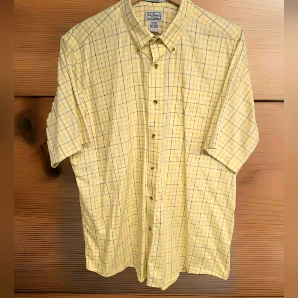 LL Bean Men's Button Down Shirt  XL RegularYellow Check Short Sleeve 100  Cotton